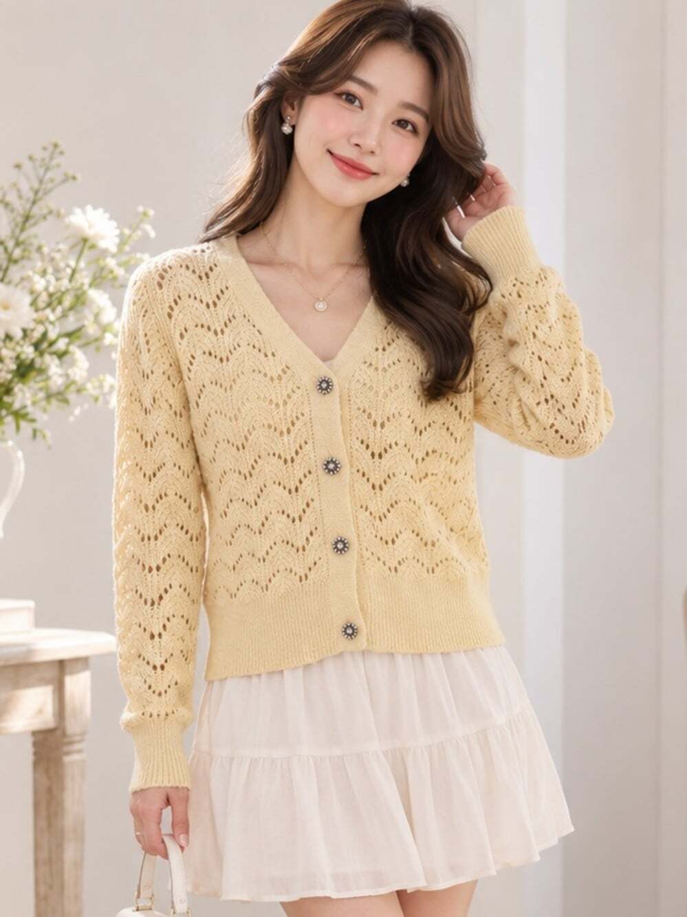 Cleo Yellow Pointelle Knit Cardigan Preppy Jeweled Buttons Cottagecore Preppy XS